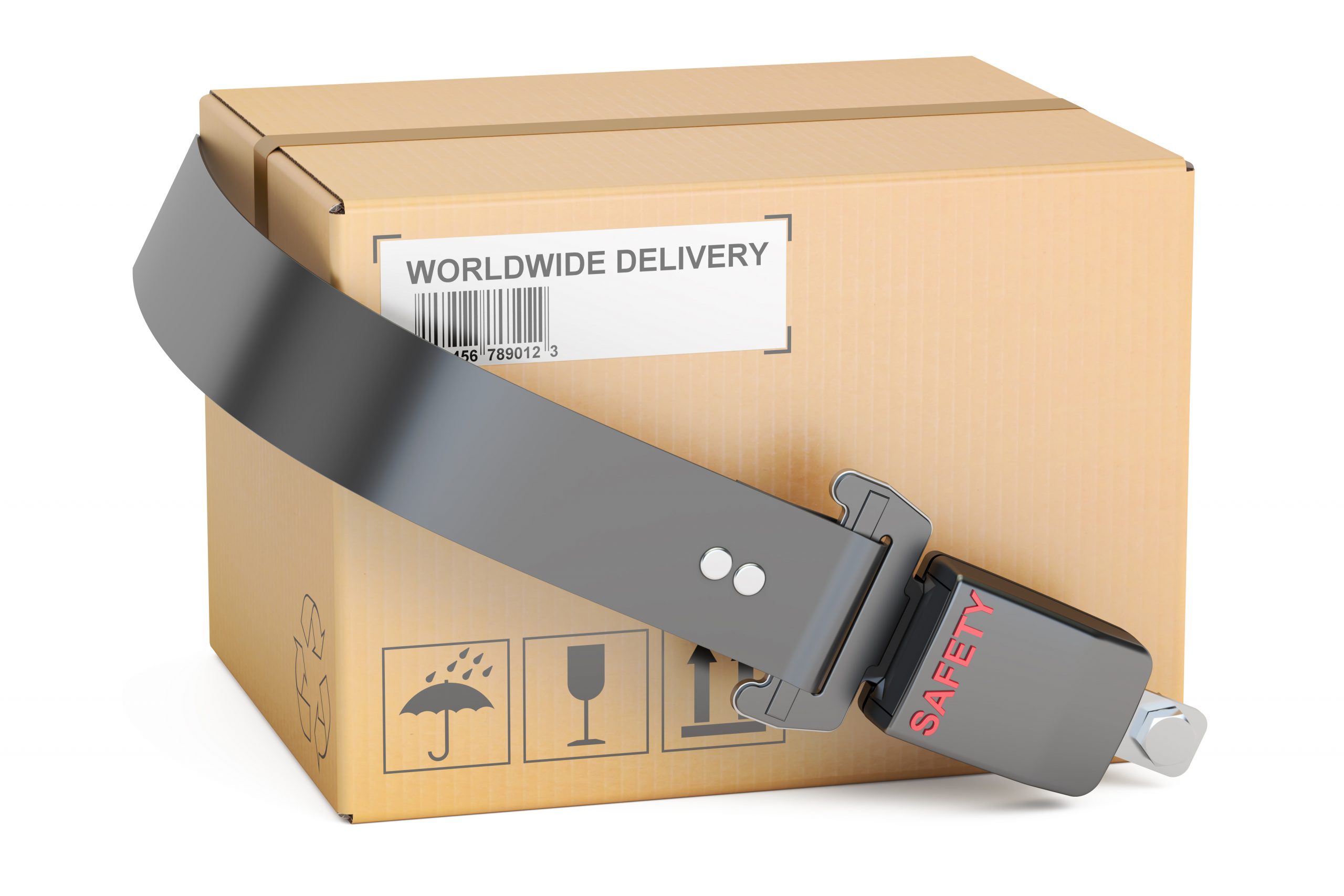 A brown shipping box with a black seatbelt strapped around it representing the question, will you ship to my clinic.