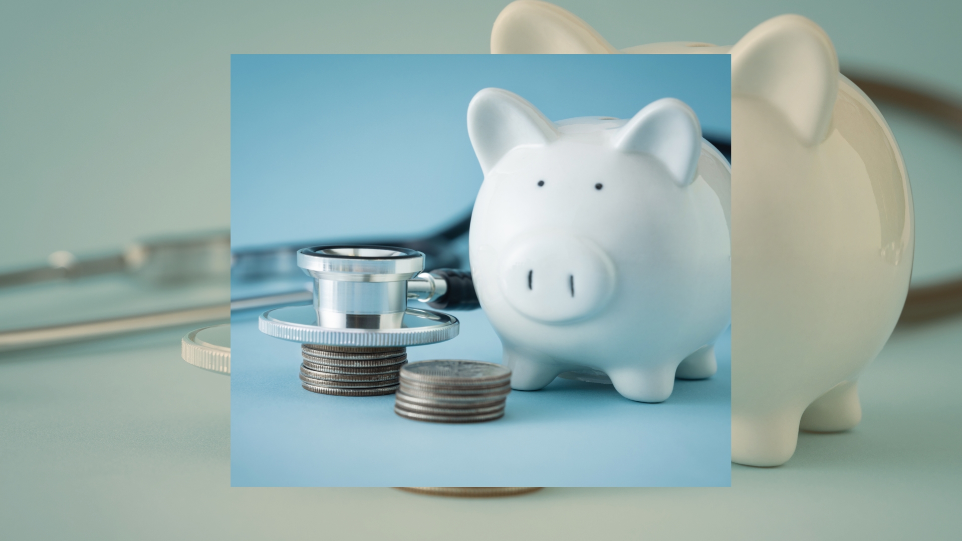An image of a light blue piggy bank next to a stethoscope representing how much does a sperm donor cost.